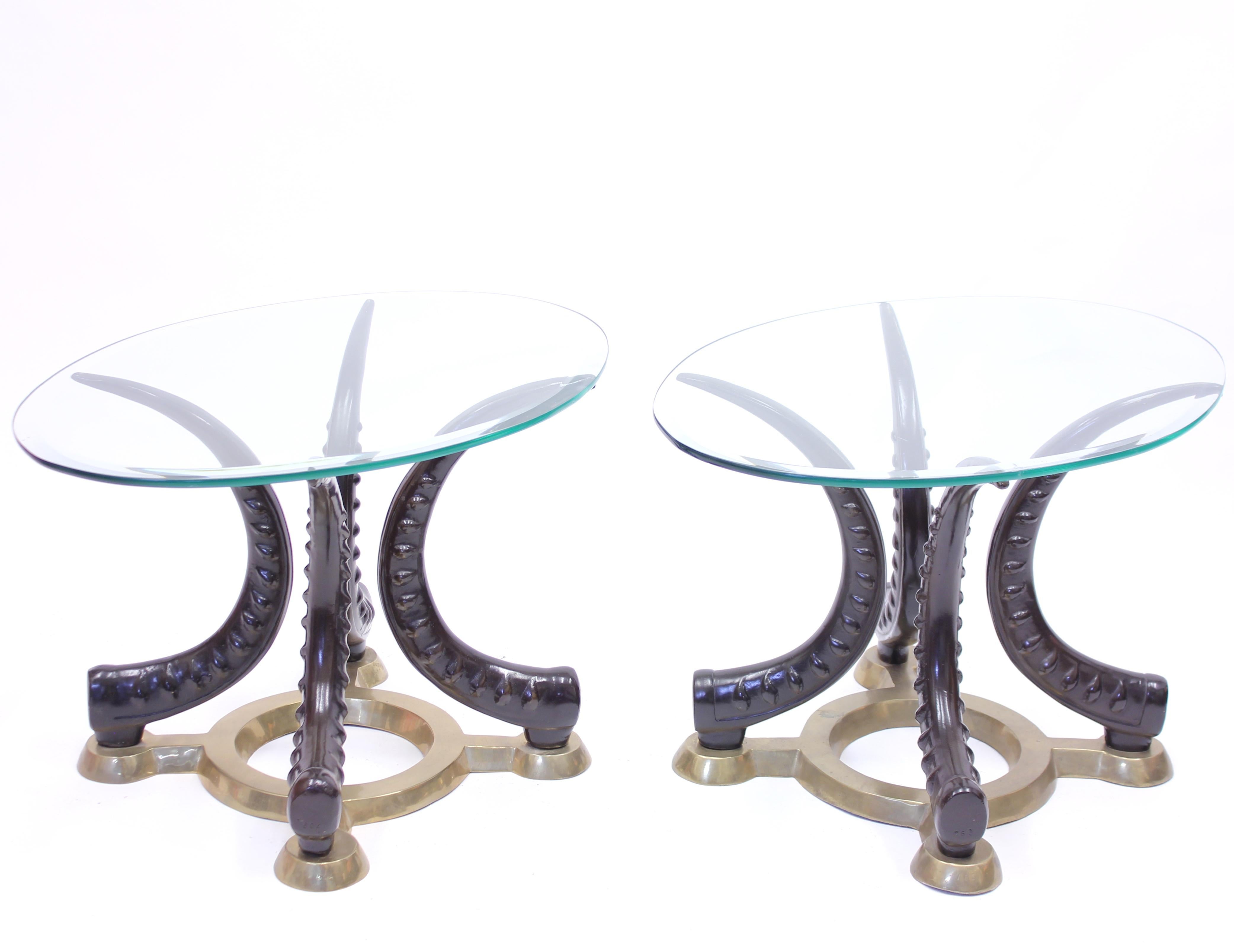 Pair of Vintage Brass and Faux Tusks Side or Coffee Tables, Ca 1970s For Sale 1