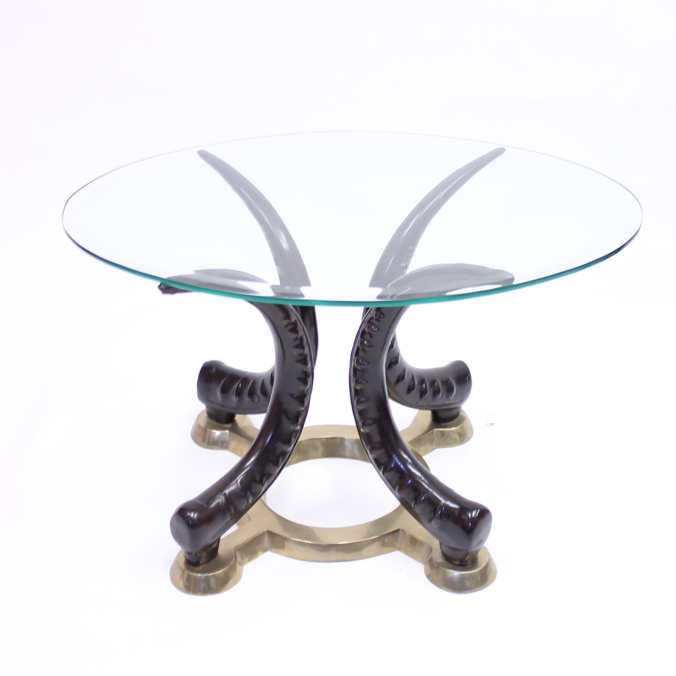 Pair of Vintage Brass and Faux Tusks Side or Coffee Tables, Ca 1970s For Sale 2