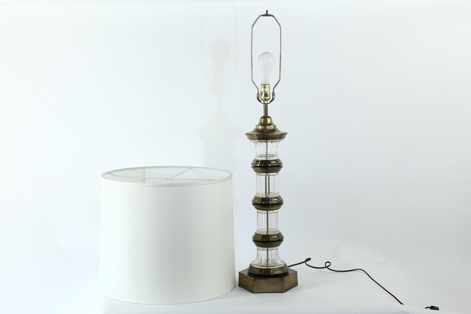 Linen Pair of Vintage Brass and Glass Table Lamps