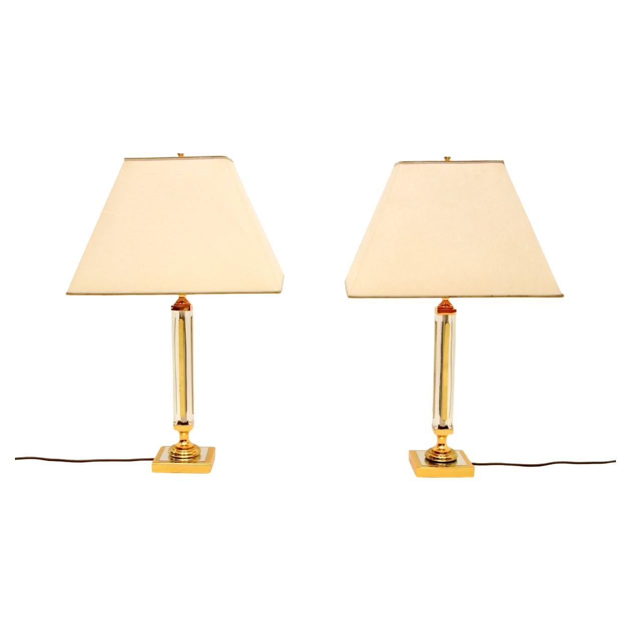 Pair of Vintage Brass and Glass Table Lamps For Sale