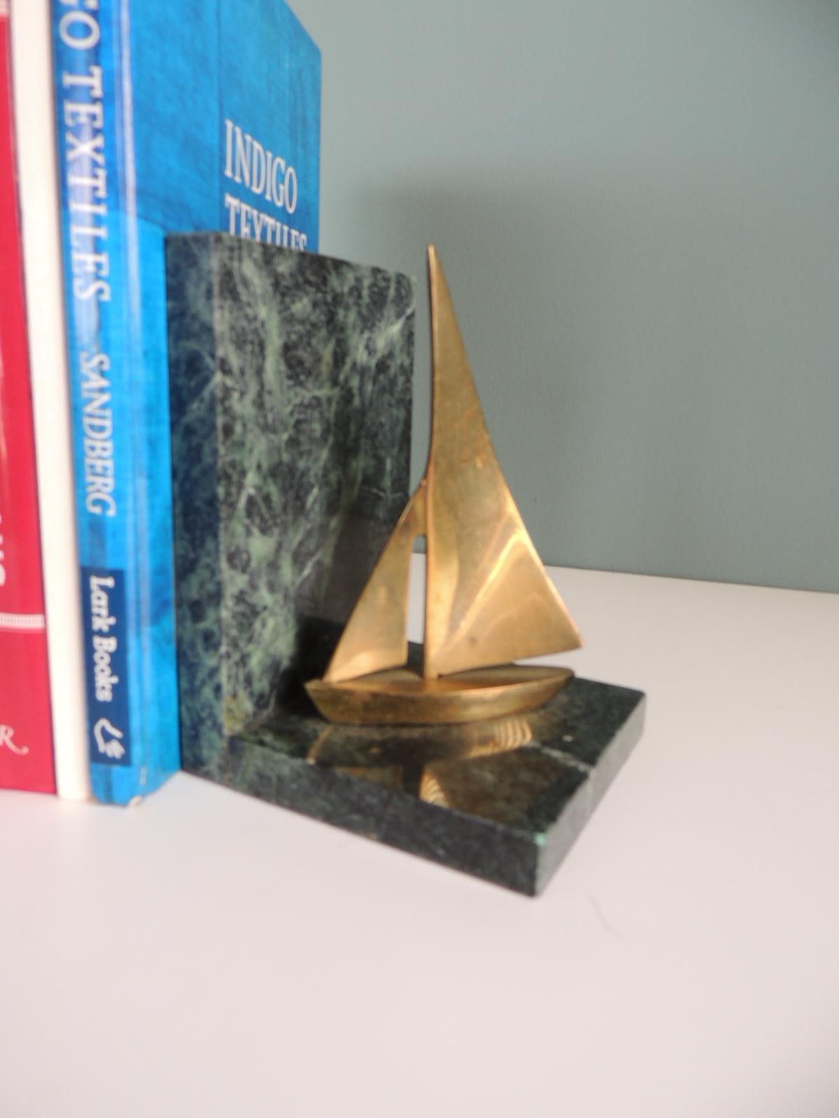 Mid-Century Modern Pair of Vintage Brass and Green Marble Small Bookends