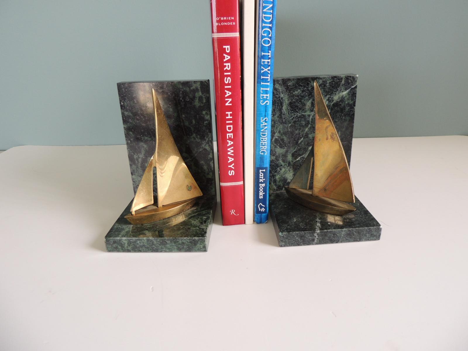 Taiwanese Pair of Vintage Brass and Green Marble Small Bookends