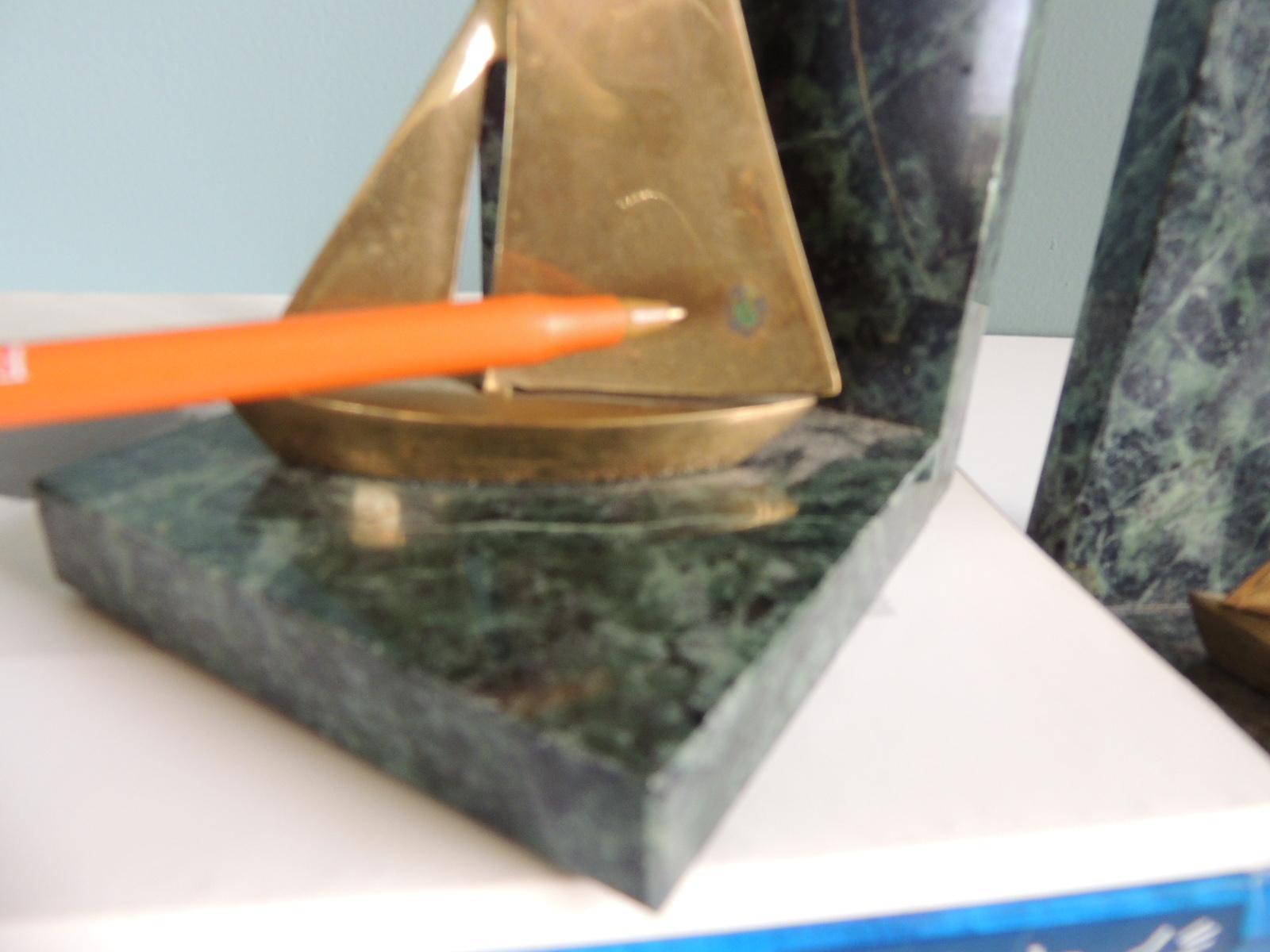 Hand-Crafted Pair of Vintage Brass and Green Marble Small Bookends