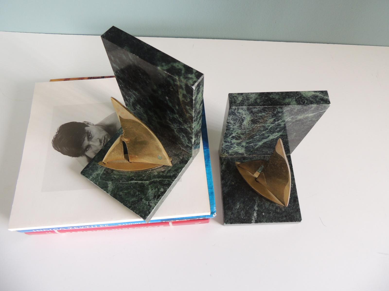 Pair of Vintage Brass and Green Marble Small Bookends In Good Condition In Oakland Park, FL