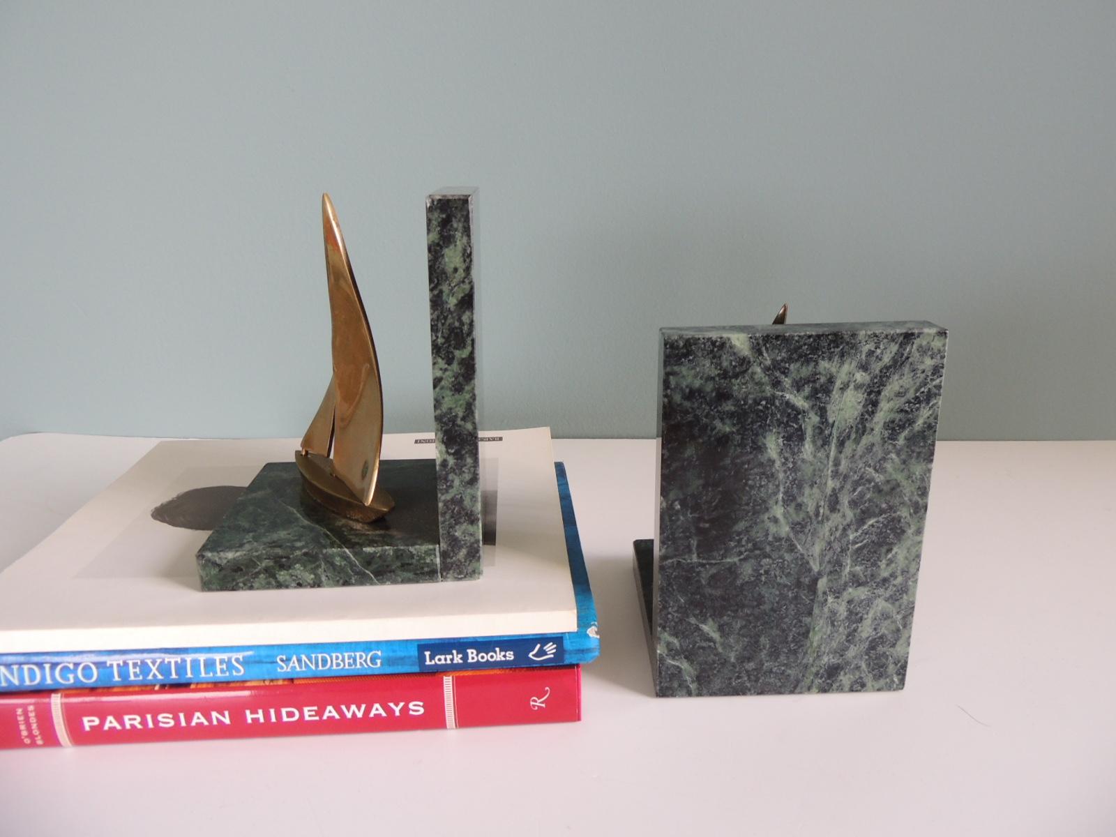 Pair of Vintage Brass and Green Marble Small Bookends 1