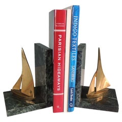 Pair of Vintage Brass and Green Marble Small Bookends