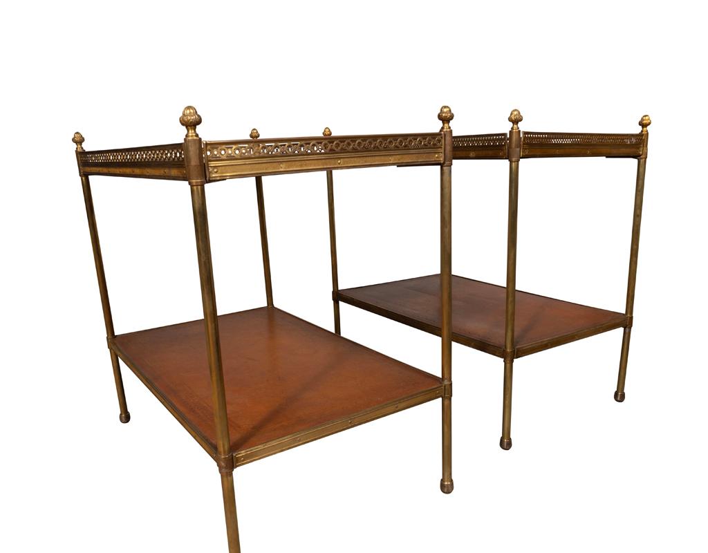 Edwardian Pair of Vintage Brass and Leather End Tables For Sale