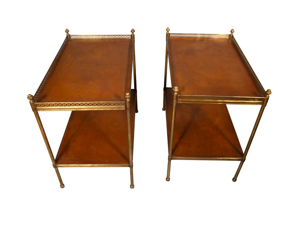 American Pair of Vintage Brass and Leather End Tables For Sale