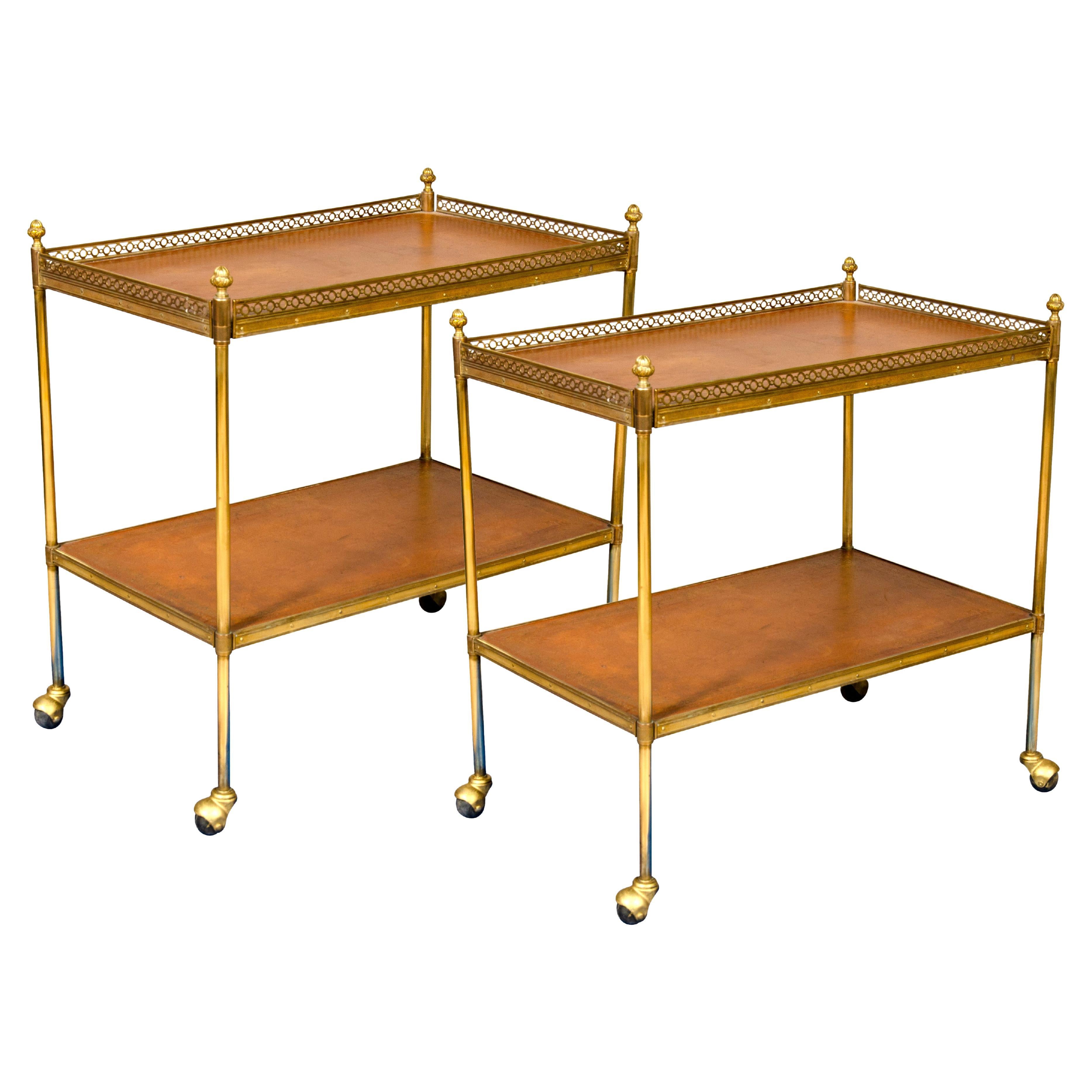 Pair of Vintage Brass and Leather End Tables