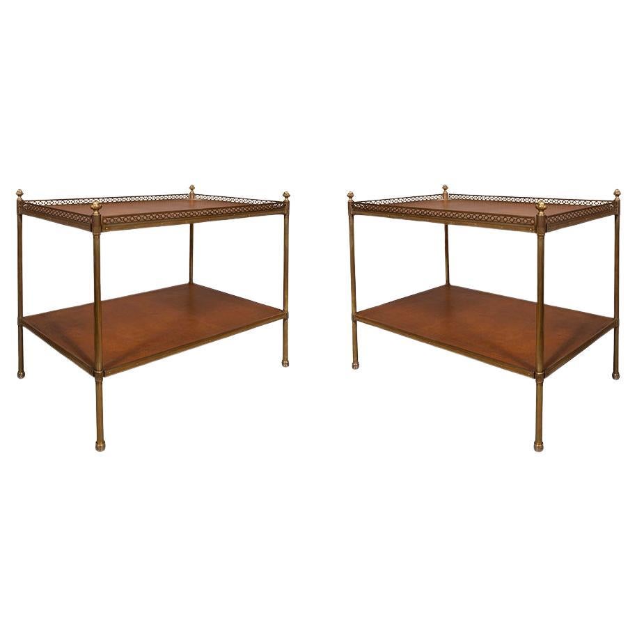 Pair of Vintage Brass and Leather End Tables For Sale