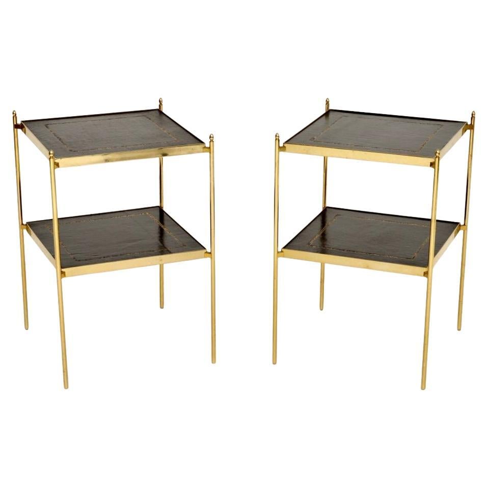 Pair of Vintage Brass and Leather Side Tables