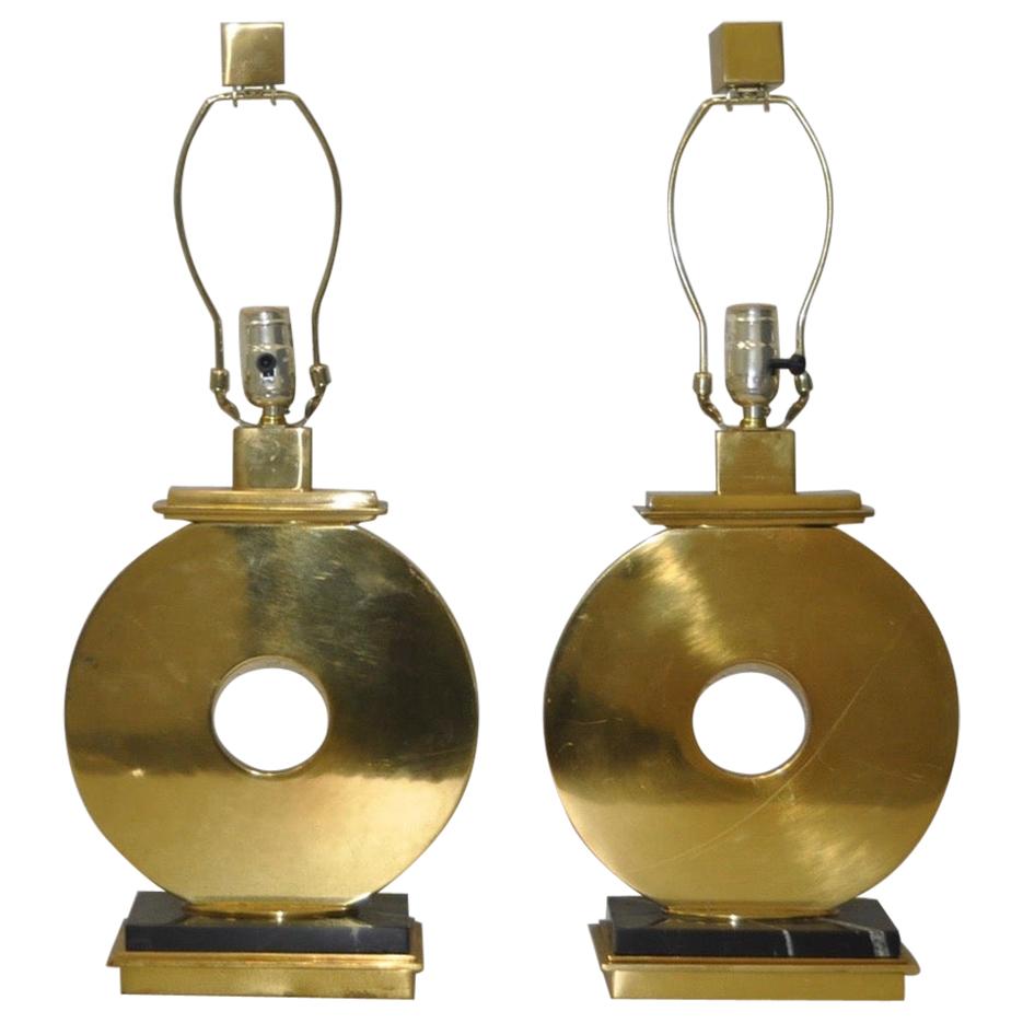 Pair of Vintage Brass and Marble Table Lamps by Robert Abbey For Sale