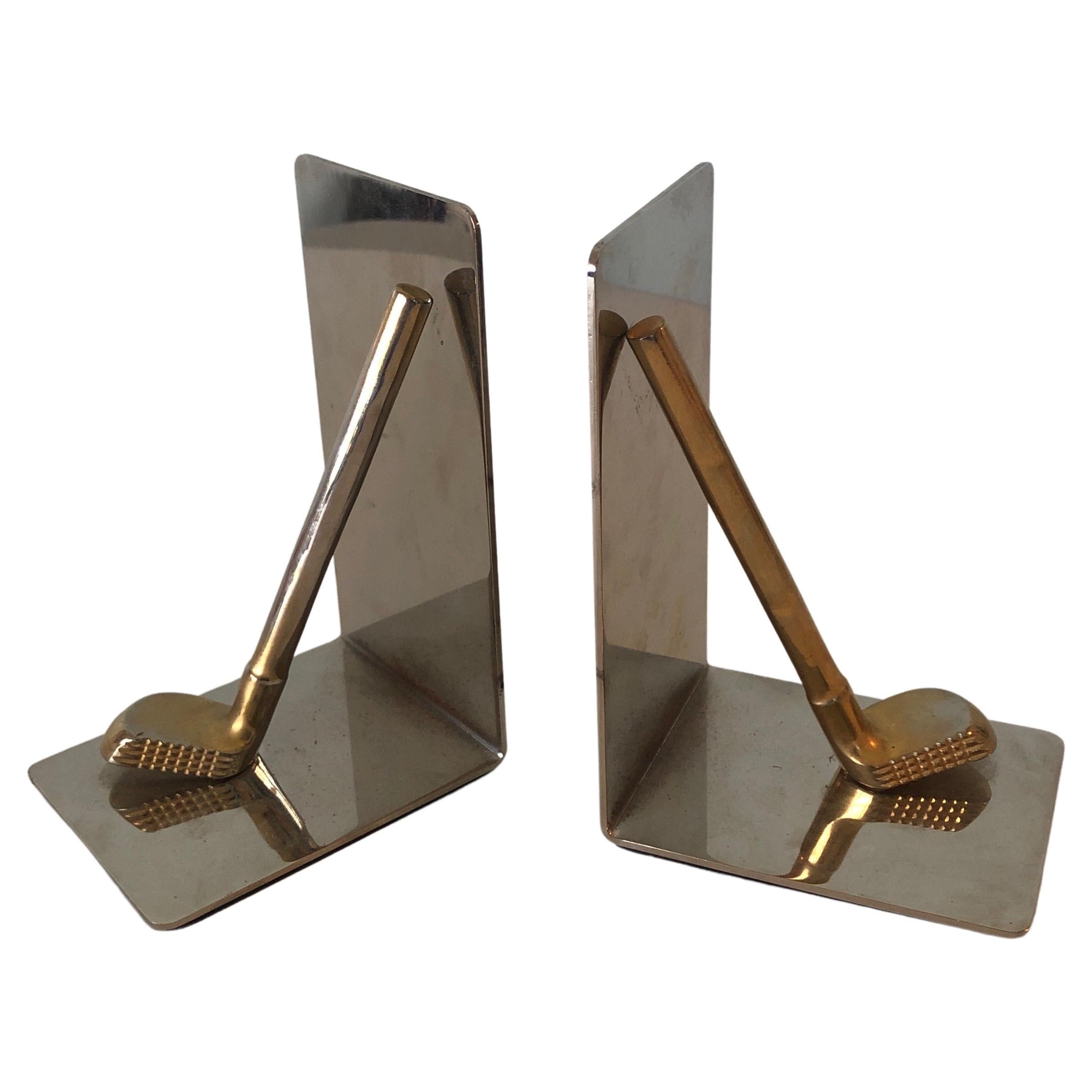 Pair of Vintage Brass and Polished Chrome "Golfer" Bookends
