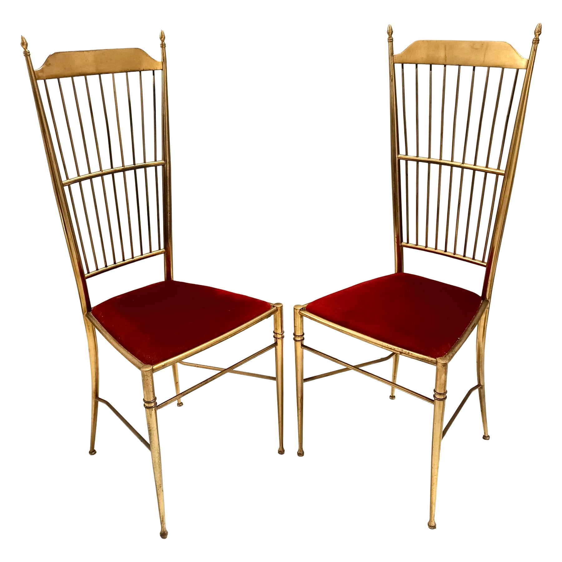 Paar Chiavarine-Stühle aus Vintage-Messing und rotem Samt, Italien