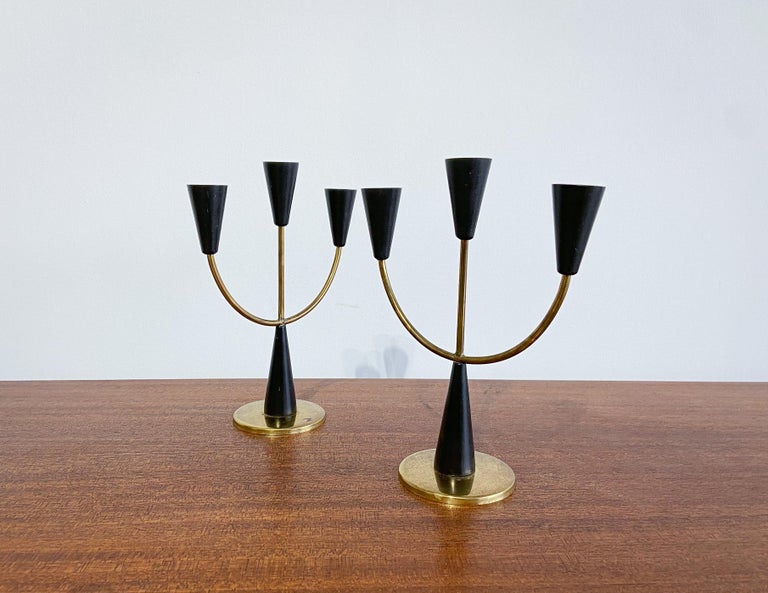 Pair of Vintage Brass and Wood Candelabras, Sweden, 1960s For Sale at
