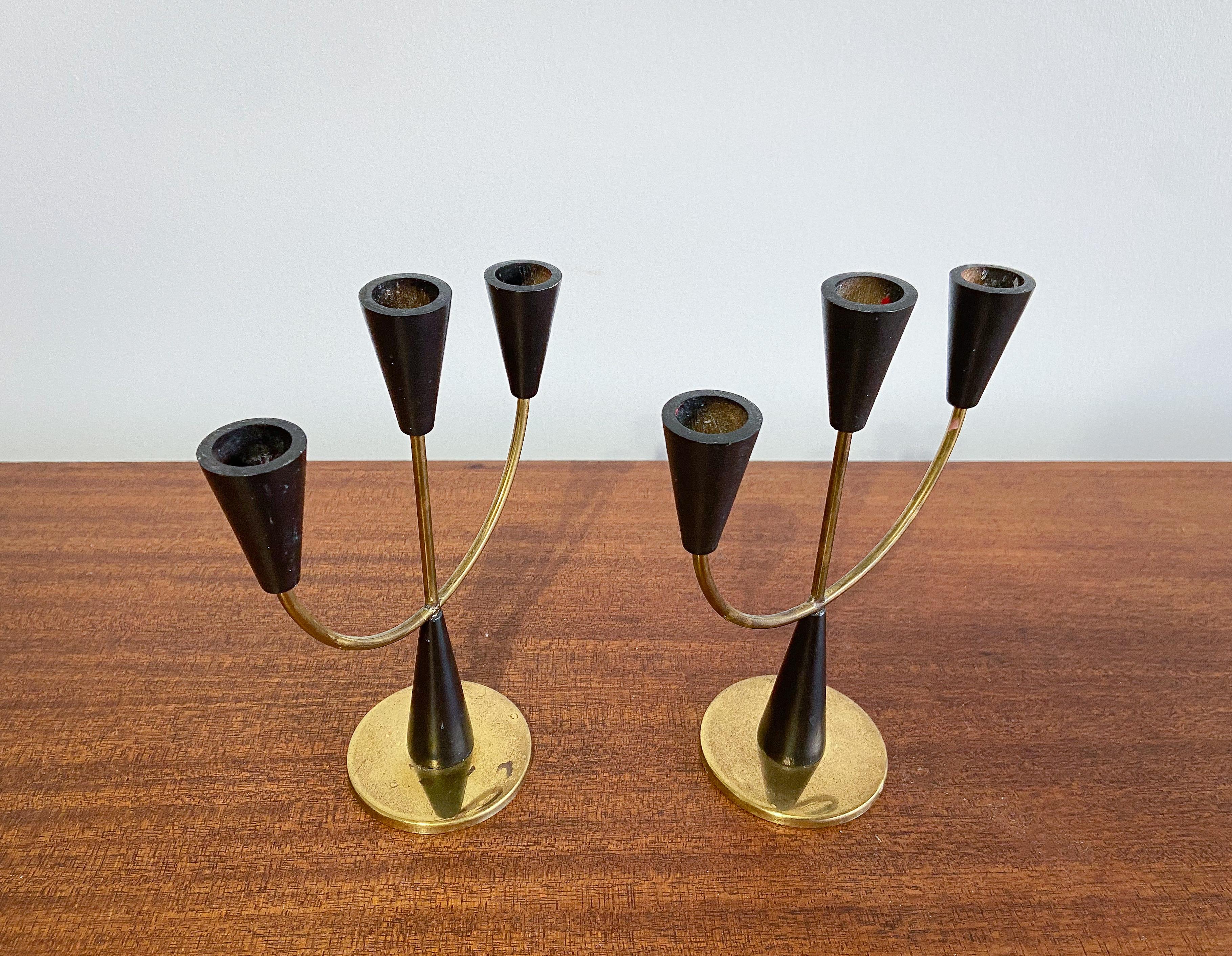 Pair of Vintage Brass and Wood Candelabras, Sweden, 1960s In Good Condition For Sale In Round Rock, TX