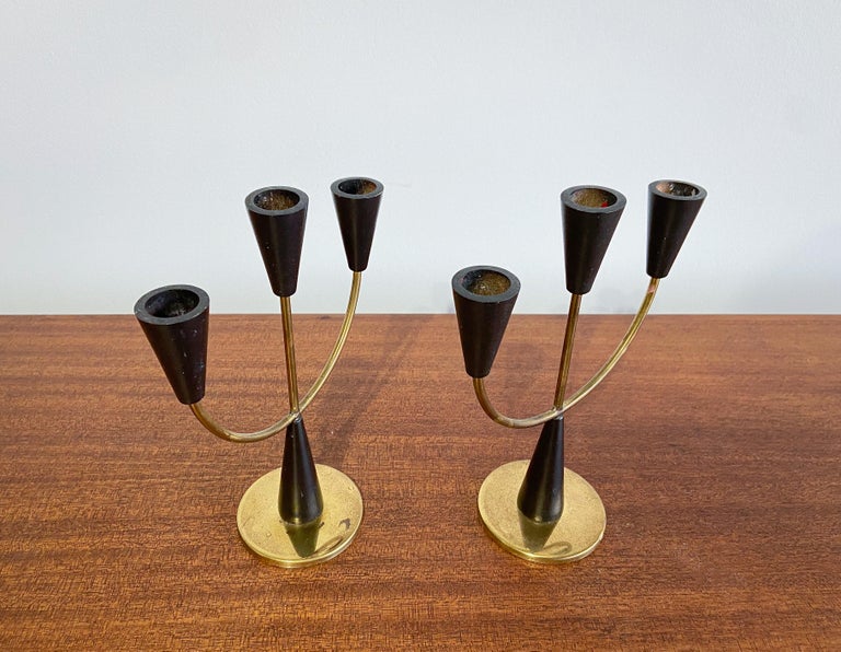 Pair of Vintage Brass and Wood Candelabras, Sweden, 1960s For Sale at