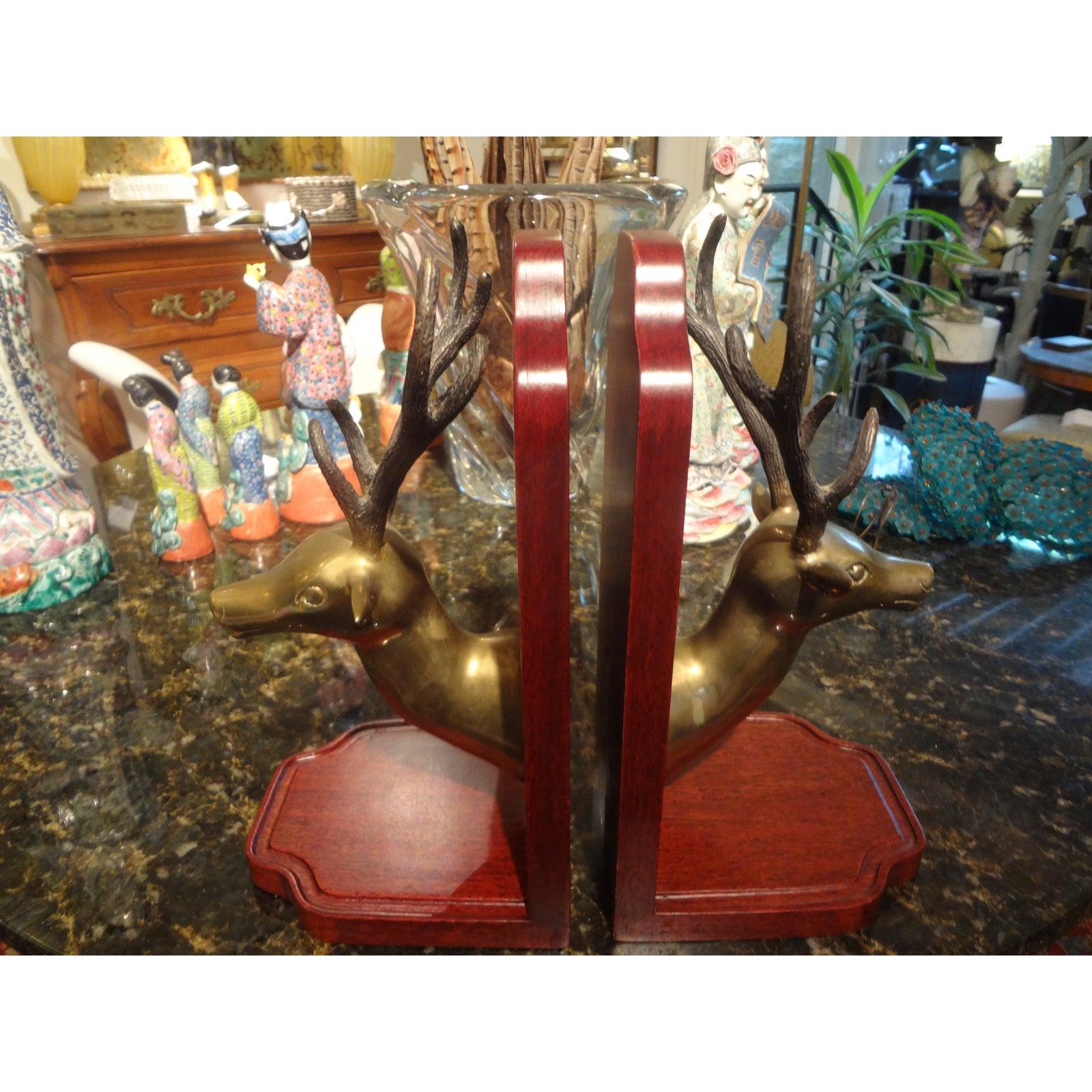 Pair of Vintage Brass and Wood Stag Bookends In Good Condition For Sale In Houston, TX