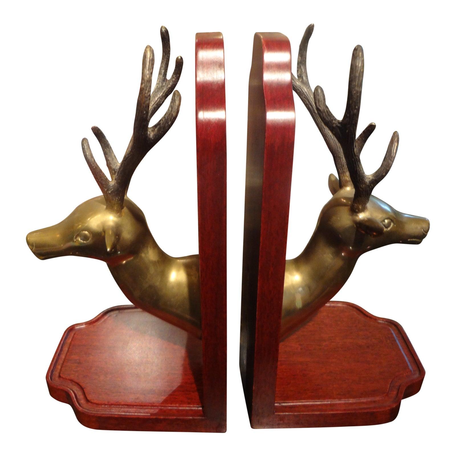 Mid-20th Century Pair of Vintage Brass and Wood Stag Bookends For Sale