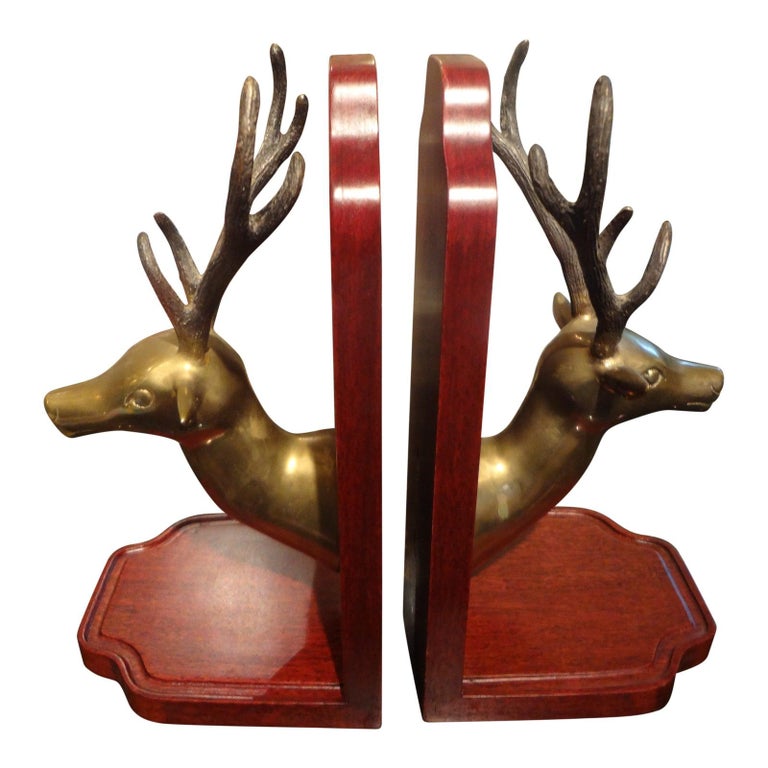 Pair of Vintage Brass and Wood Stag Bookends For Sale at 1stDibs