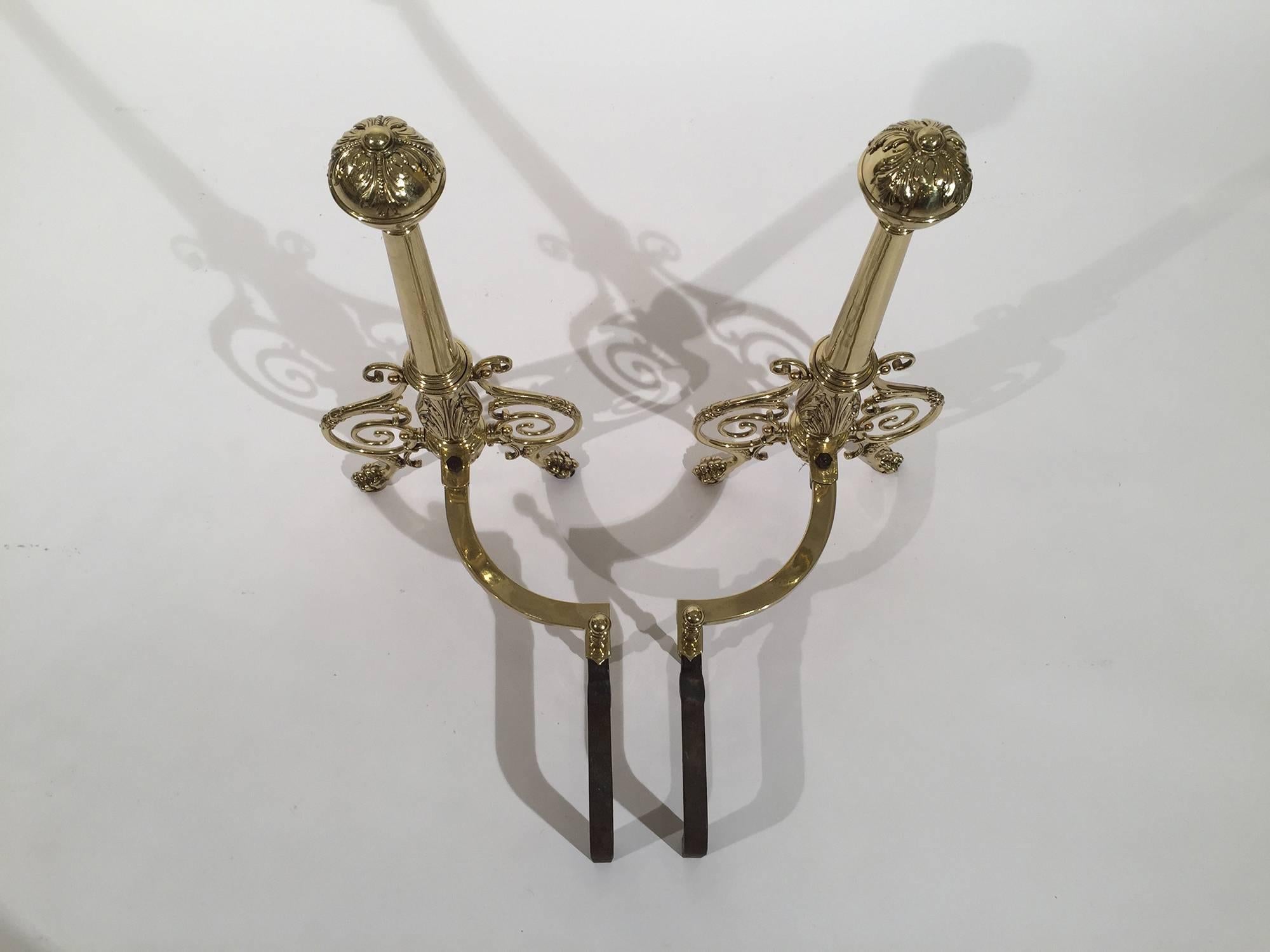 American Pair of Vintage Brass Andirons Polished and Lacquered