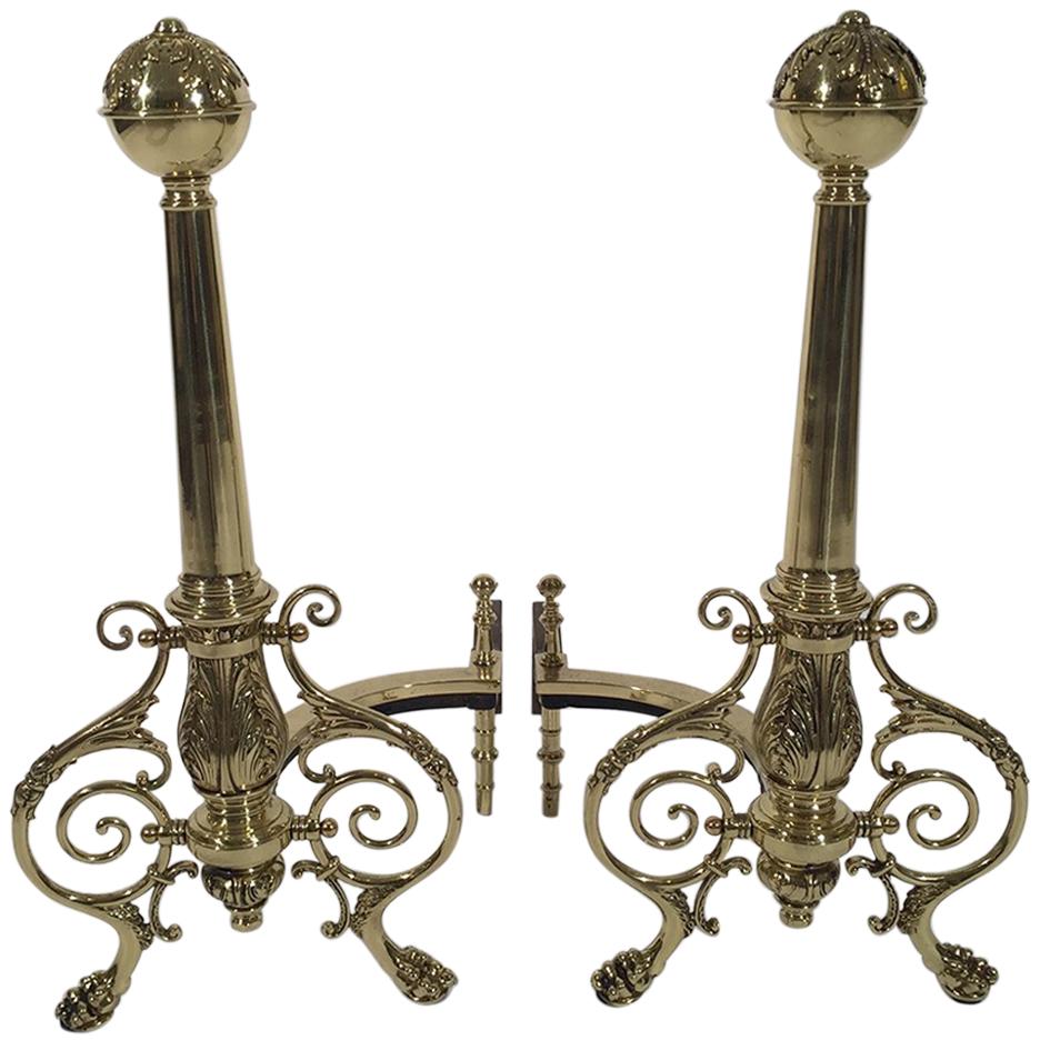 Pair of Vintage Brass Andirons Polished and Lacquered