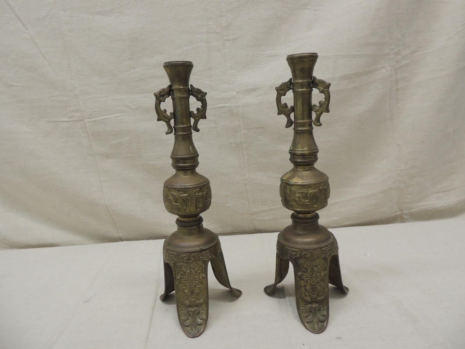 Pair of vintage brass Asian candleholders.
Size: 13