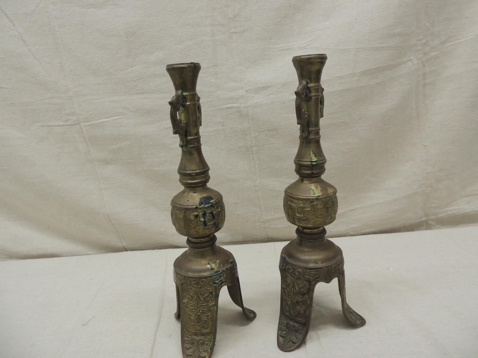 Japonisme Pair of Vintage Brass Asian Candlesticks For Sale