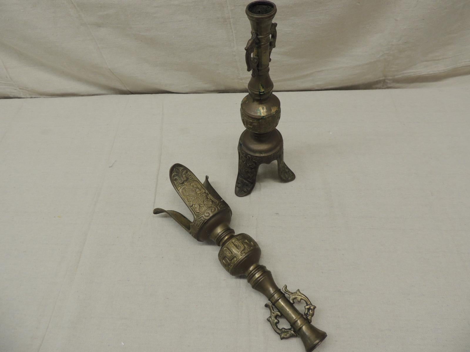 Japanese Pair of Vintage Brass Asian Candlesticks For Sale