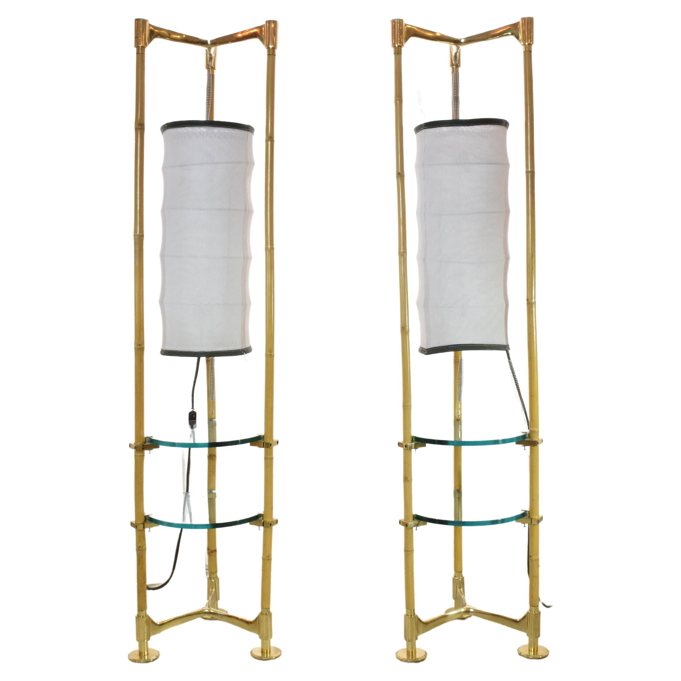 Pair of Vintage Brass Bamboo Lantern Floor Lamps, 1970s