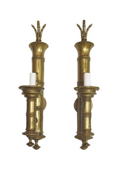 Pair of Vintage Brass Bamboo Sconces with Glass Hurricanes