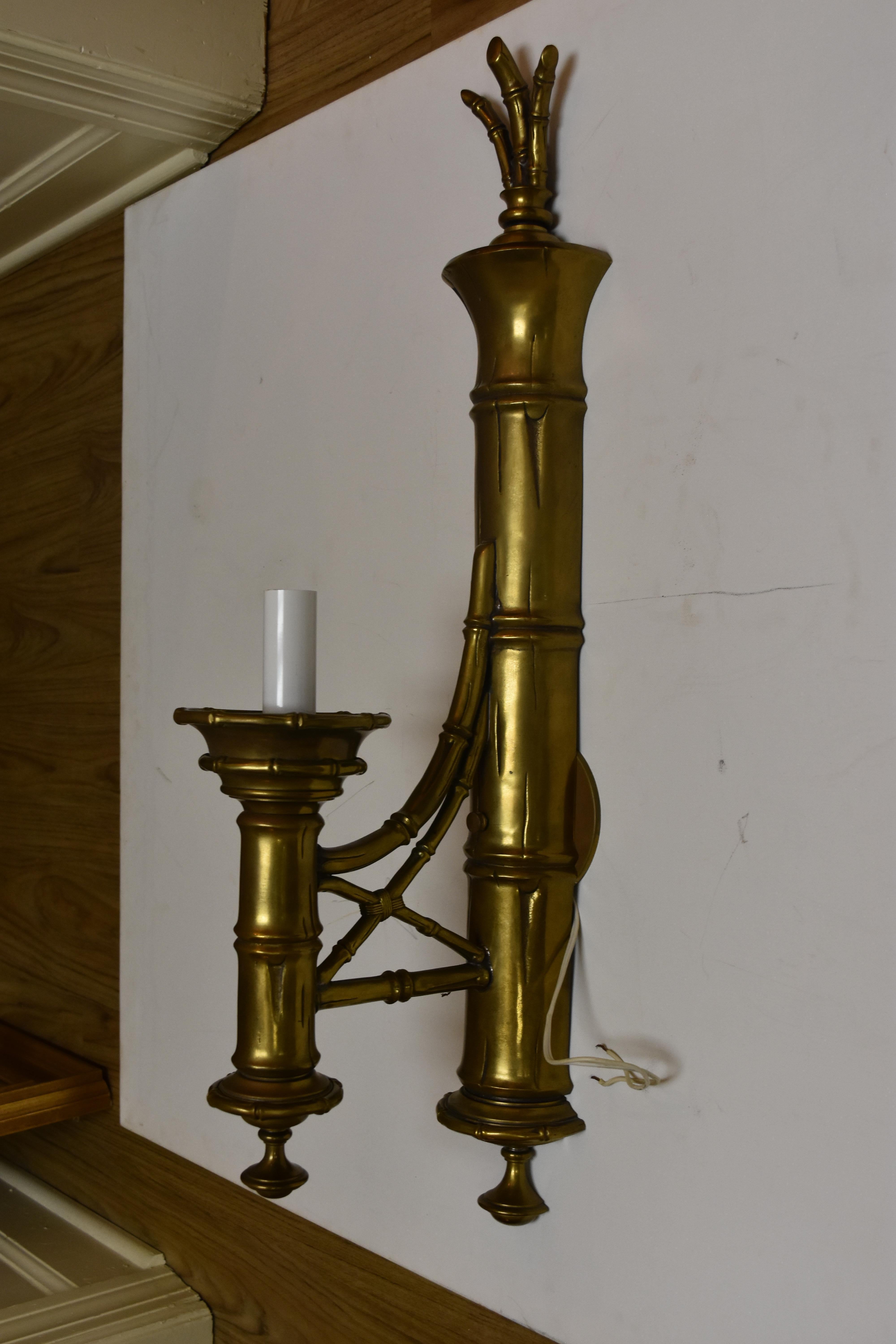 Pair of Vintage Brass Bamboo Sconces with Glass Hurricanes In Good Condition For Sale In Nashville, TN