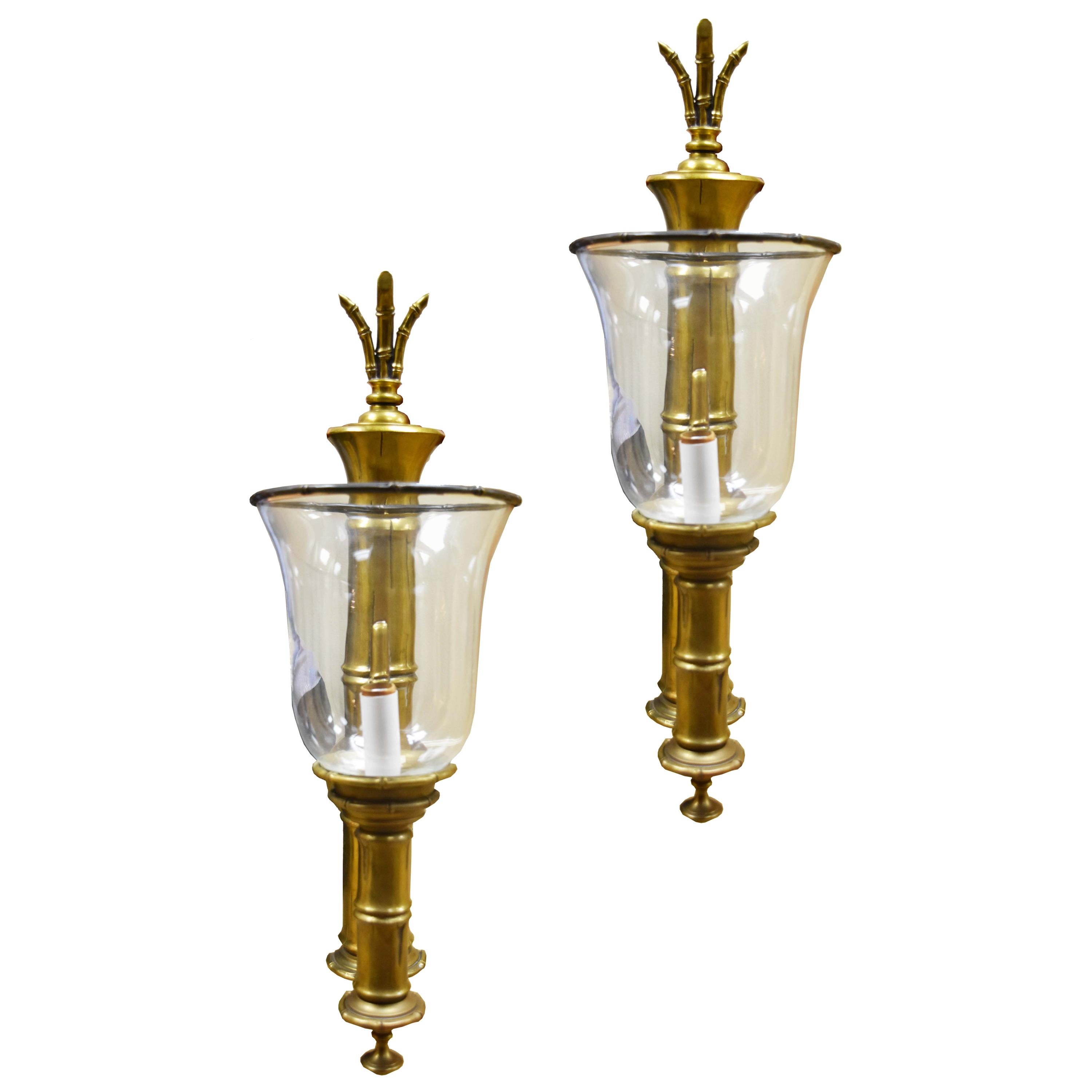 Pair of Vintage Brass Bamboo Sconces with Glass Hurricanes For Sale