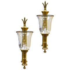 Pair of Vintage Brass Bamboo Sconces with Glass Hurricanes