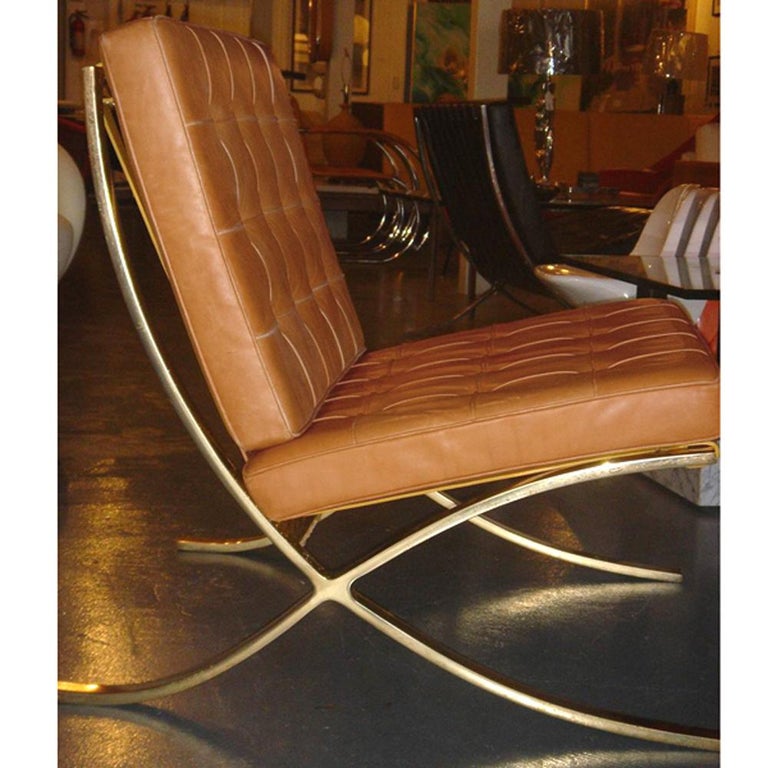 Pair of Vintage Brass Barcelona Chairs designed by Mies van der Rohe for Knoll For Sale at 1stdibs