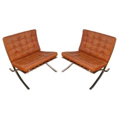 Pair of Vintage Brass Barcelona Chairs designed by Mies van der Rohe for Knoll