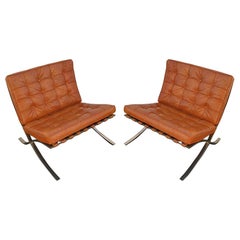 Pair of Vintage Brass Barcelona Chairs Designed by Mies Van Der Rohe for Knoll