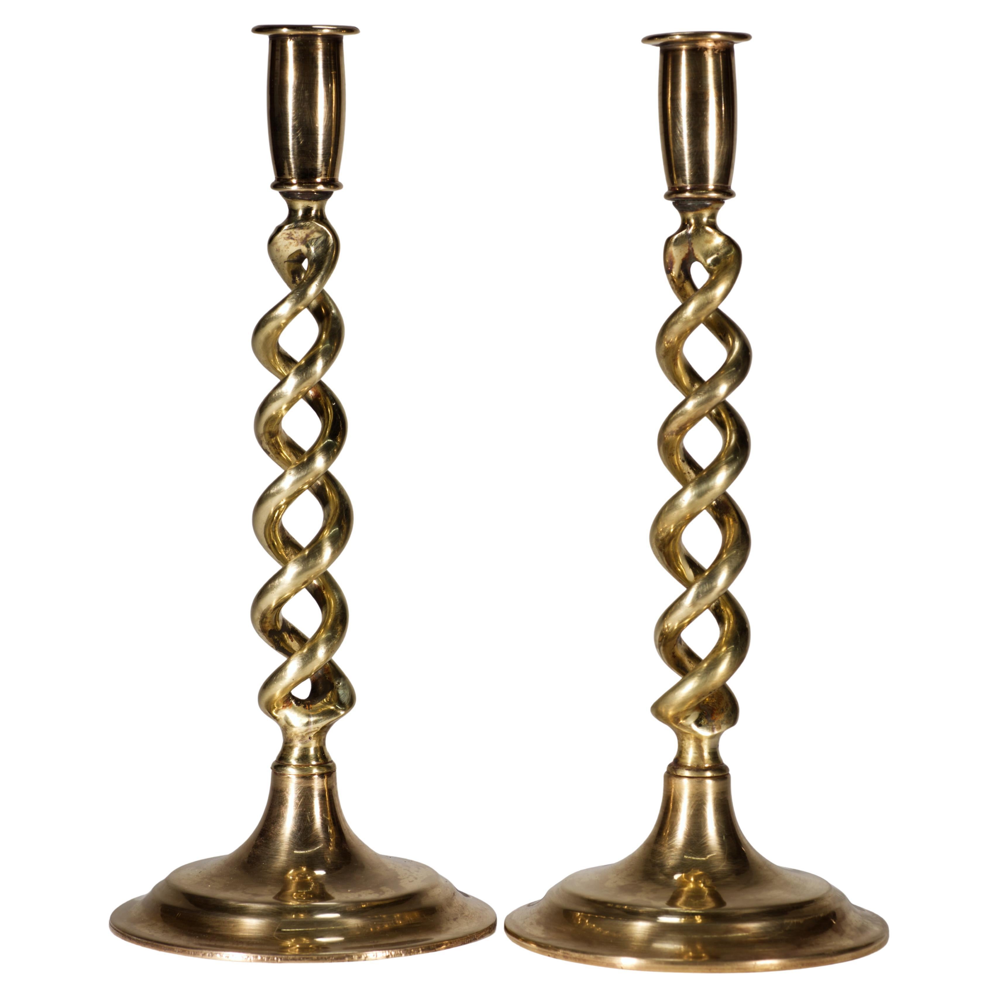 Pair of Vintage Brass Barley Twist Candlesticks, England 1930s
