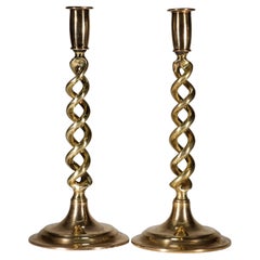 Pair of Antique Brass Barley Twist Candlesticks, England 1930s