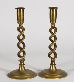 Pair of Vintage Brass Barley Twist Jacobean Style Candlesticks, 1920s-1930s