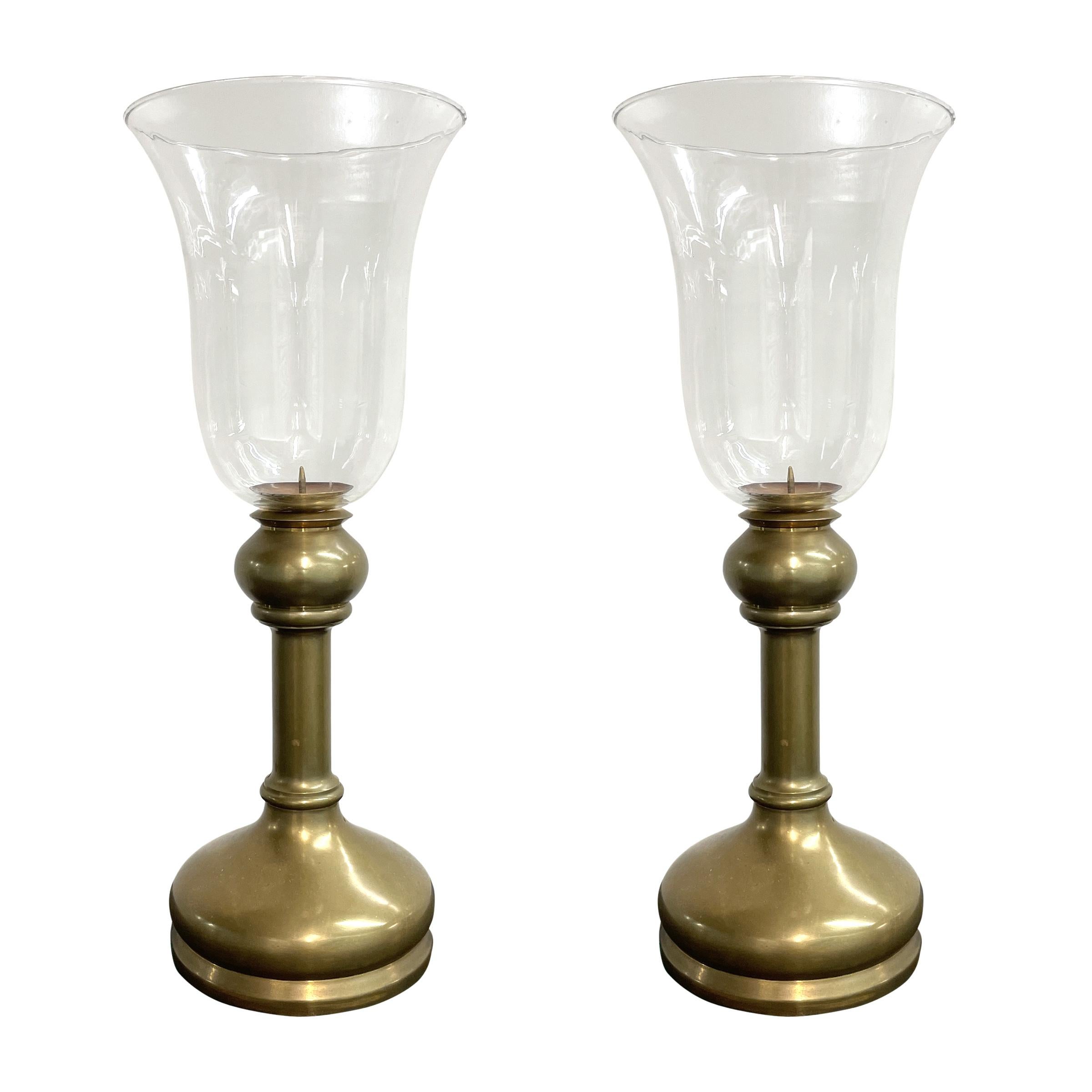 American Pair of Vintage Brass Candlesticks with Hurricanes