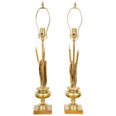 Pair of Vintage Brass Cattail Table Lamps Attributed to Maison Charles