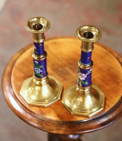 Pair of Vintage Brass Champleve Candle Holders with Floral & Leaf Motifs