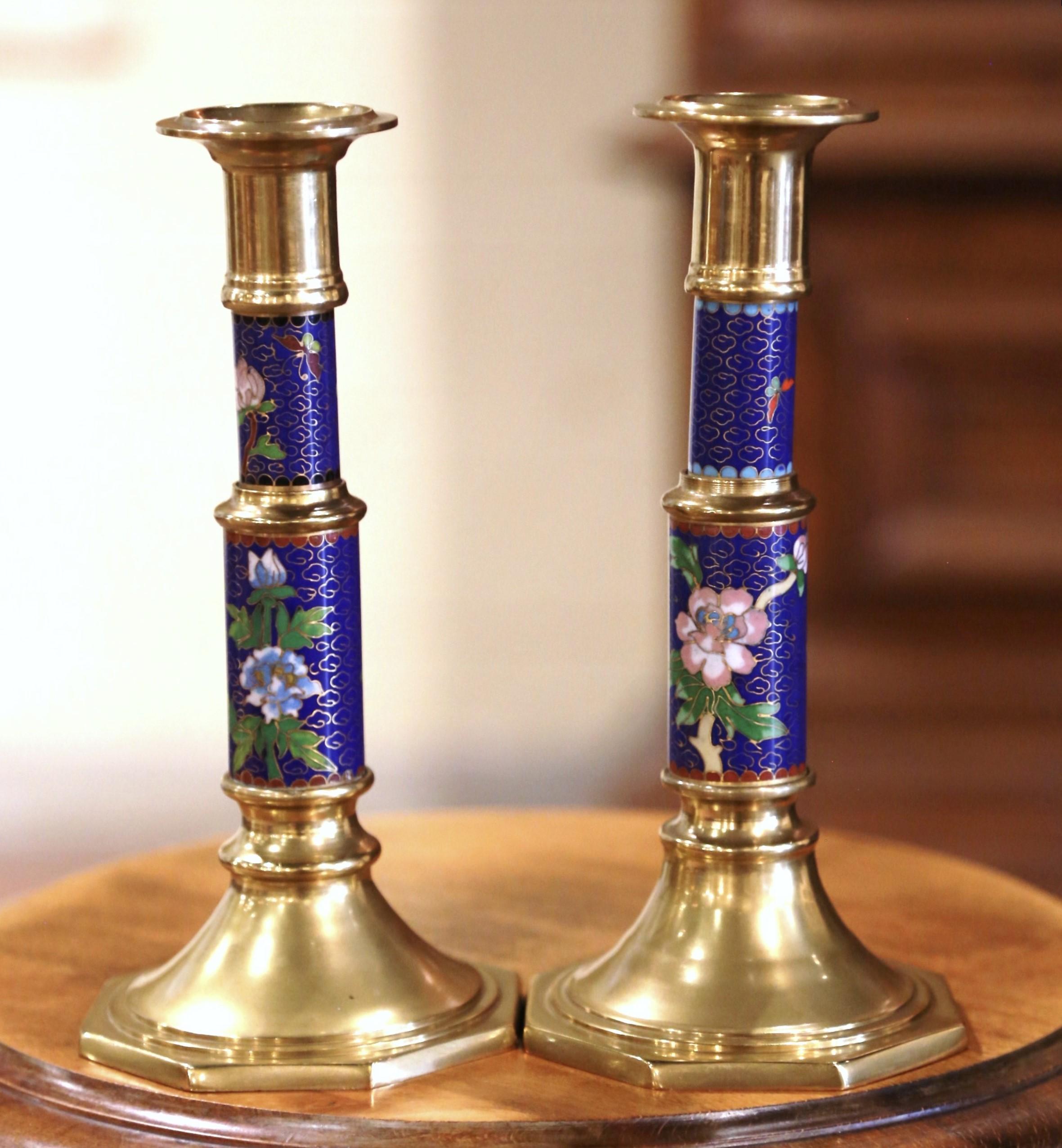 Pair of Vintage Brass Champleve Candle Holders with Floral & Leaf Motifs In Excellent Condition For Sale In Dallas, TX