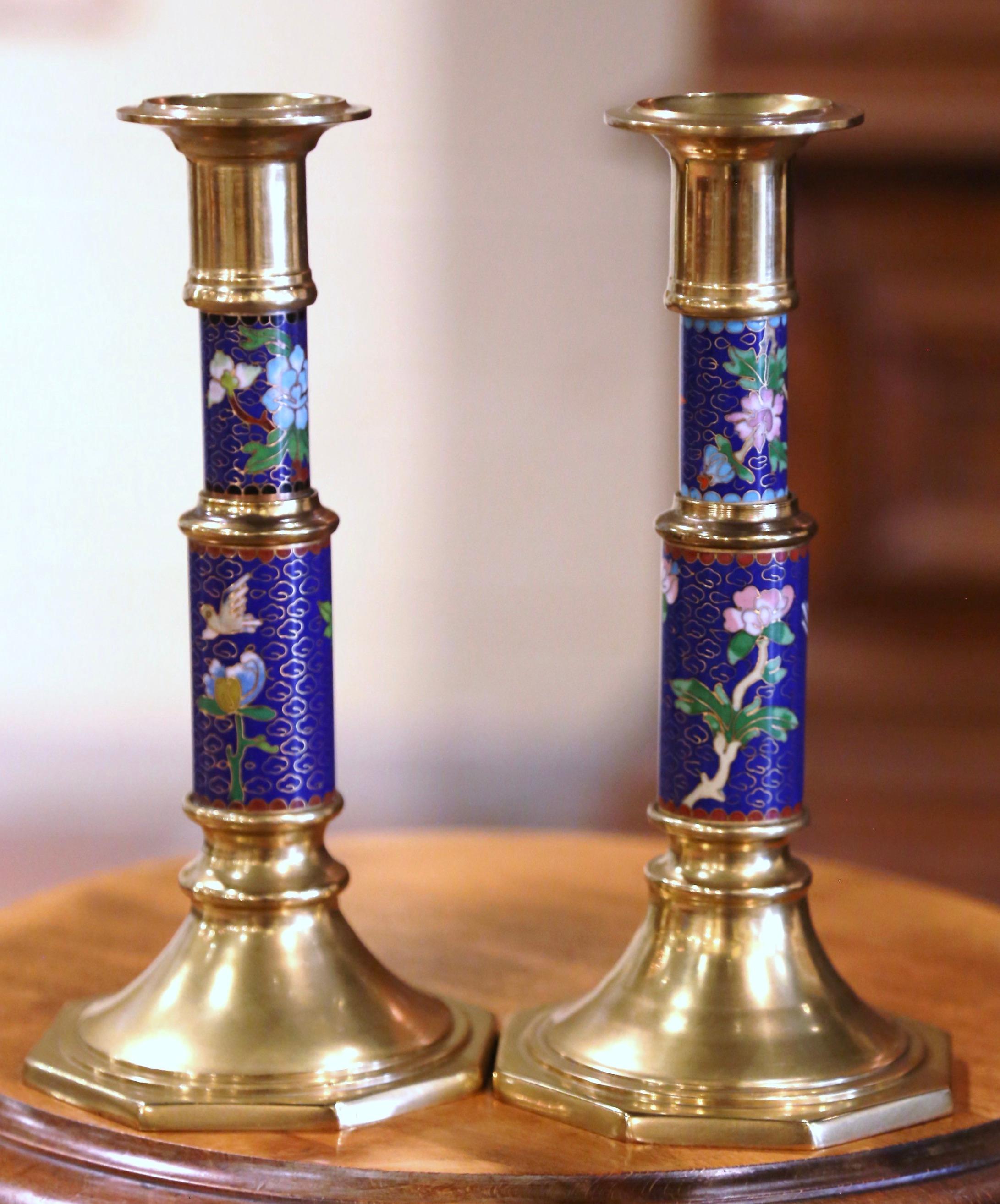 20th Century Pair of Vintage Brass Champleve Candle Holders with Floral & Leaf Motifs For Sale