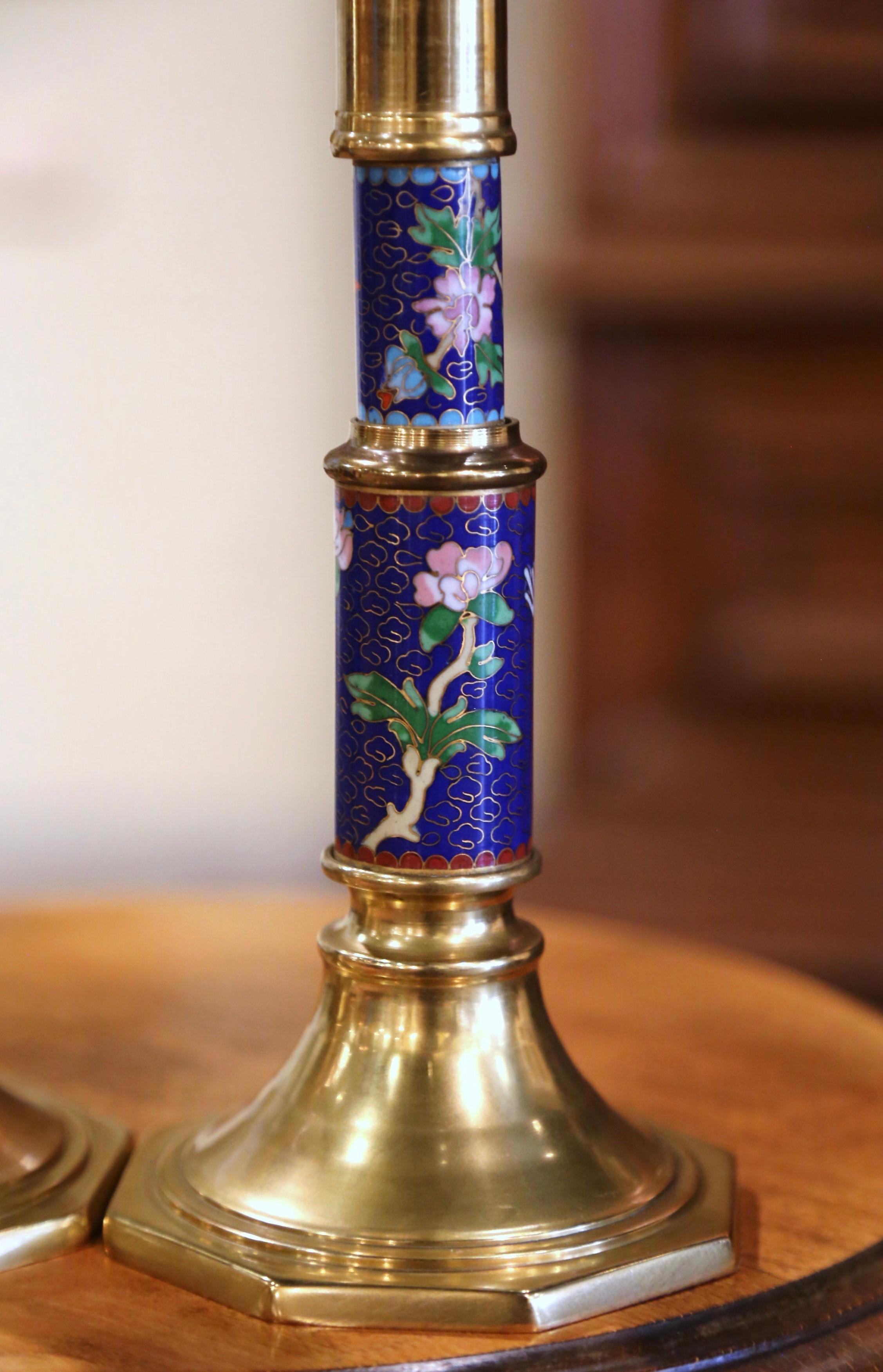 Pair of Vintage Brass Champleve Candle Holders with Floral & Leaf Motifs For Sale 2