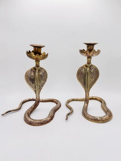 Pair of Vintage Brass Cobra Snake Candle Holders – Hand-Etched Revival Style