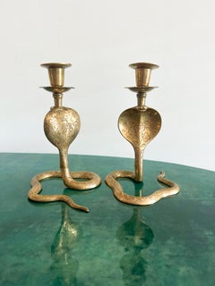 Pair of Vintage Brass Cobra Snake Candle Holders – Hand-Etched Revival Style