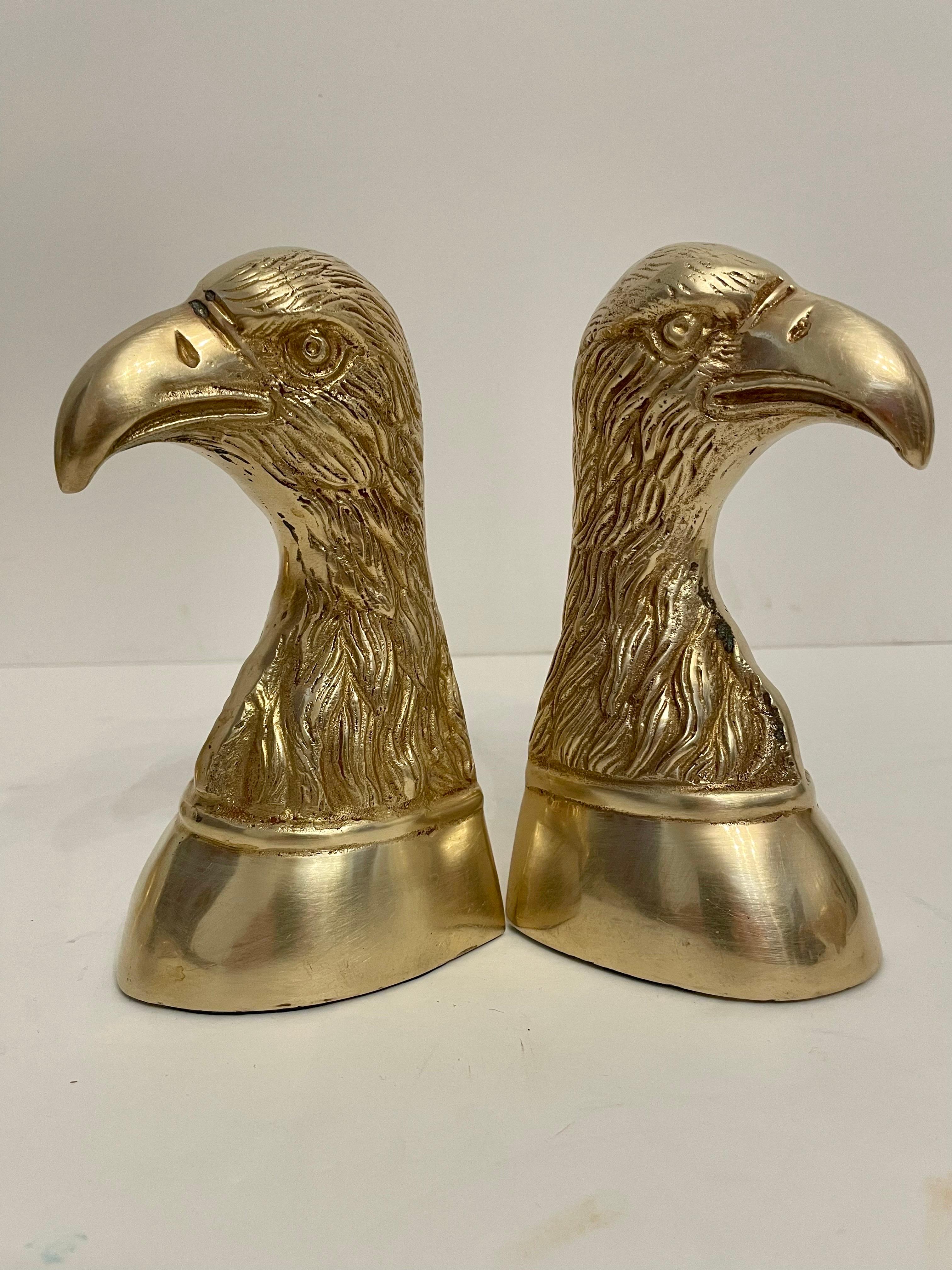 Nice set of heavy brass Eagle bookends. Has thin felt on bottom of each to prevent scratching furniture.  Great on a book shelf or desk. Nice condition, ready to use. 6.5” tall 3.5 deep x 3” wide