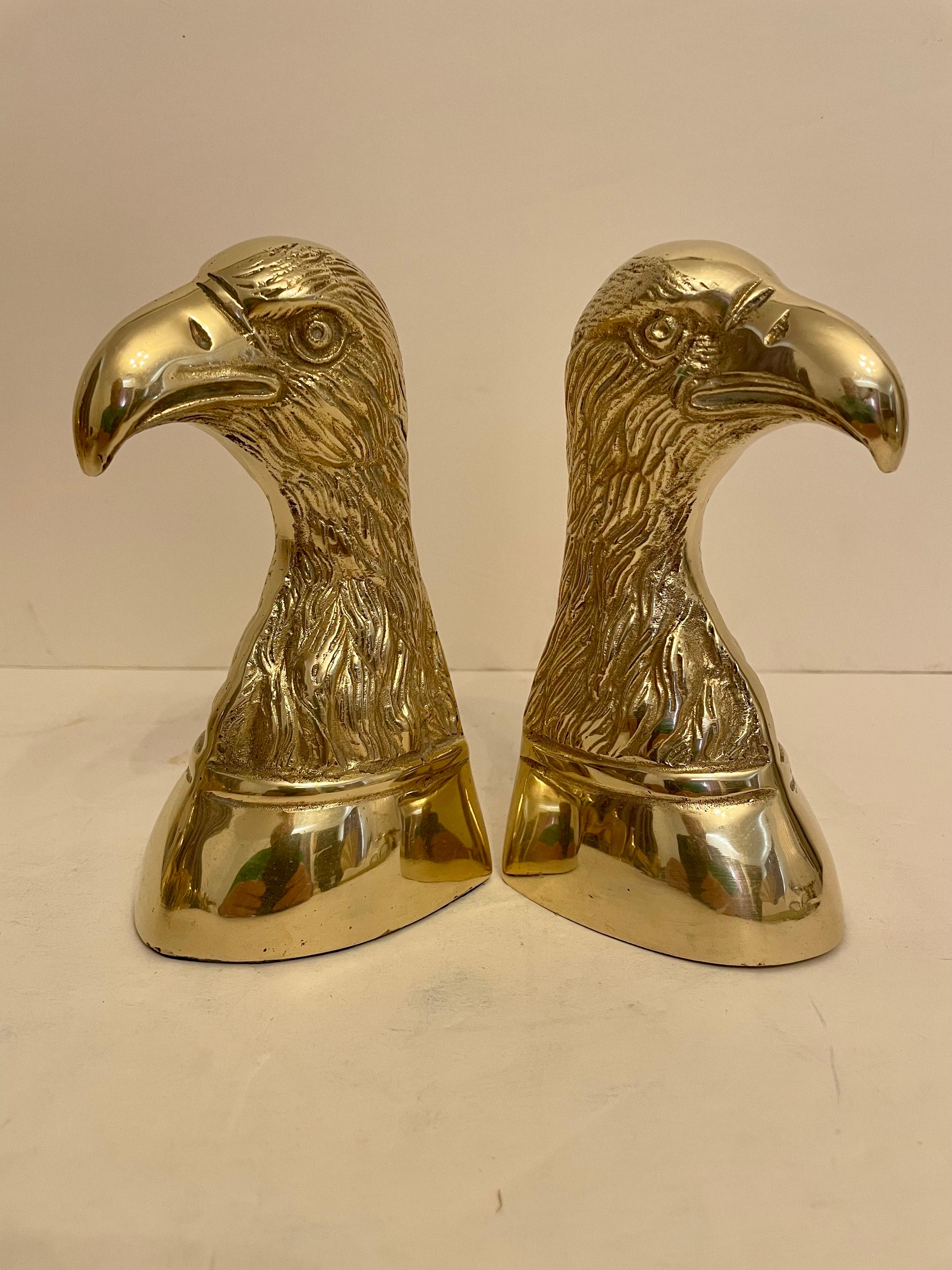 Nice set of heavy brass Eagle bookends. Has thin felt on bottom of each to prevent scratching furniture. Great on a book shelf or desk. Nice condition, ready to use. Measures: 6.5” tall 3.5 deep x 3” wide.